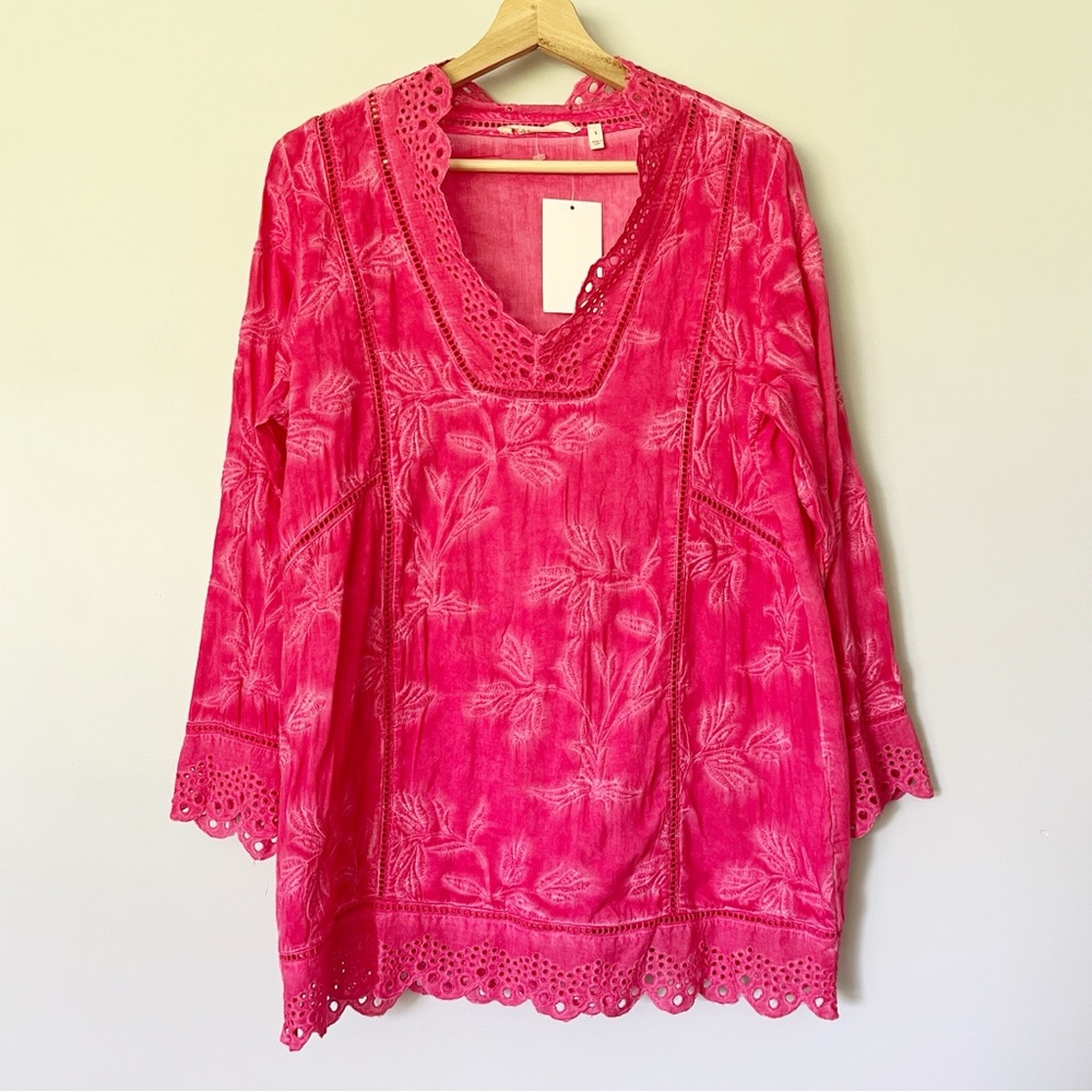 Soft Surroundings Top Size Small Pink Eyelet Trim Deidre Tunic Embroidered NWT